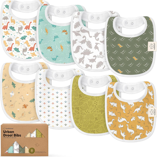 8-Pack Organic Baby Bibs for Boys, Girls - Soft Cotton Drooling and Teething Bibs for Baby Girl & Boy, Extra Absorbent, Easy to Clean & Put On for Toddler, Newborn, Infant 0-24 Months (Mesozoic)
