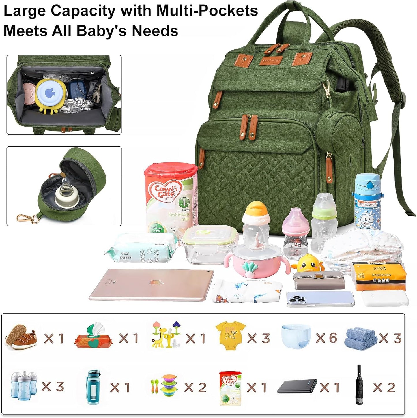 Baby Bag Diaper Bags with Changing Station, Large Capacity Diaper Bag Backpack for Moms Dads with USB Charging Port, Waterproof Diaper Backpack（Army Green）