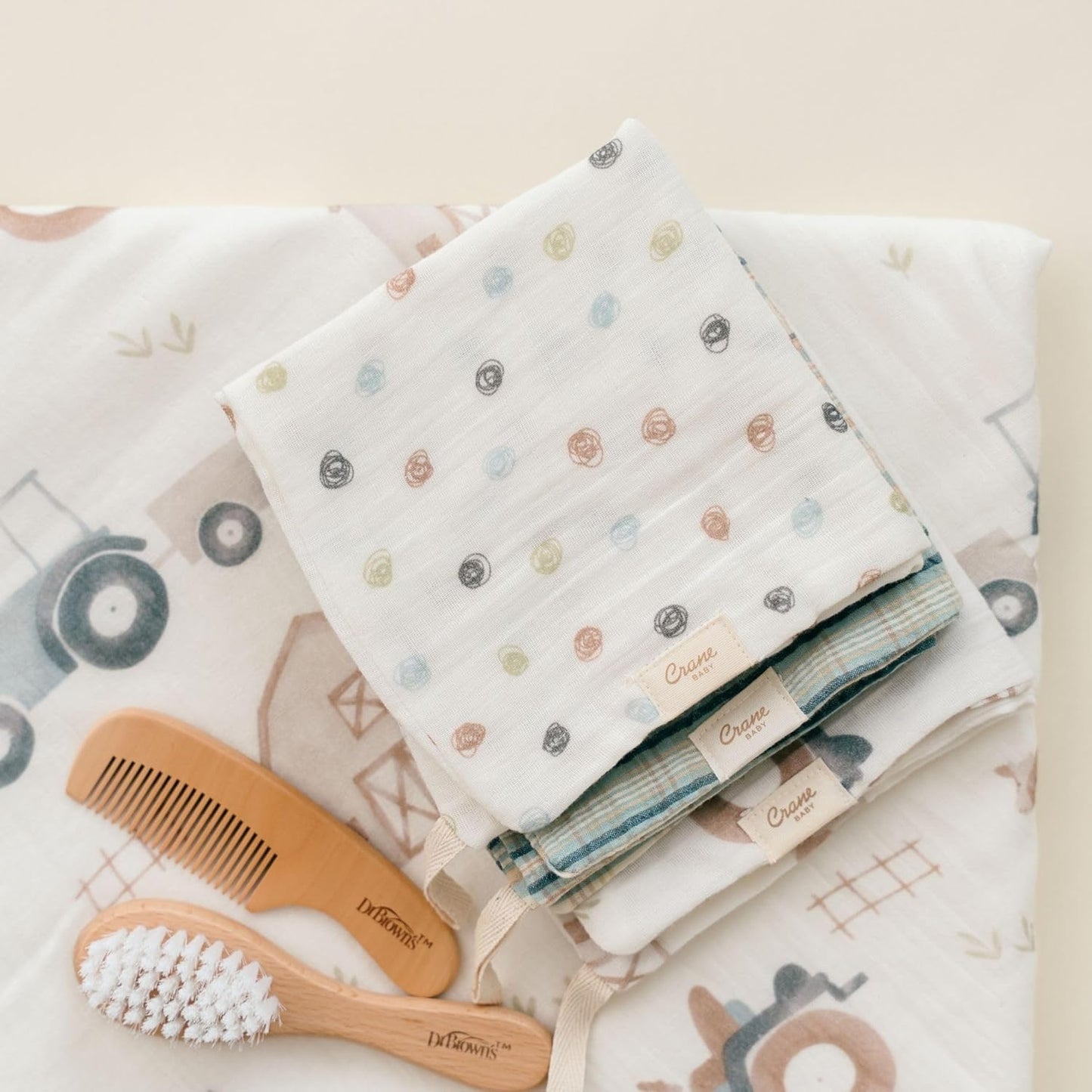 Crane Baby Hooded Towel & Washcloth Set, Charlie Farmhouse Tractor Hooded Baby Towels and Washcloths Set, Baby Bath Essentials, Washcloths for Newborn, Muslin Towel for Babies