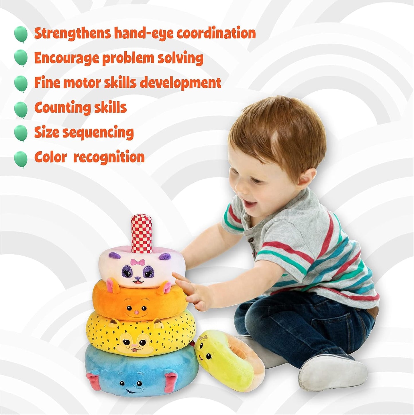 Word Party Plush Stacking Toy- Stack and Sort Colorful Word Party Characters- Encourages Hand-Eye Coordination and Motor Skills for Babies and Toddlers