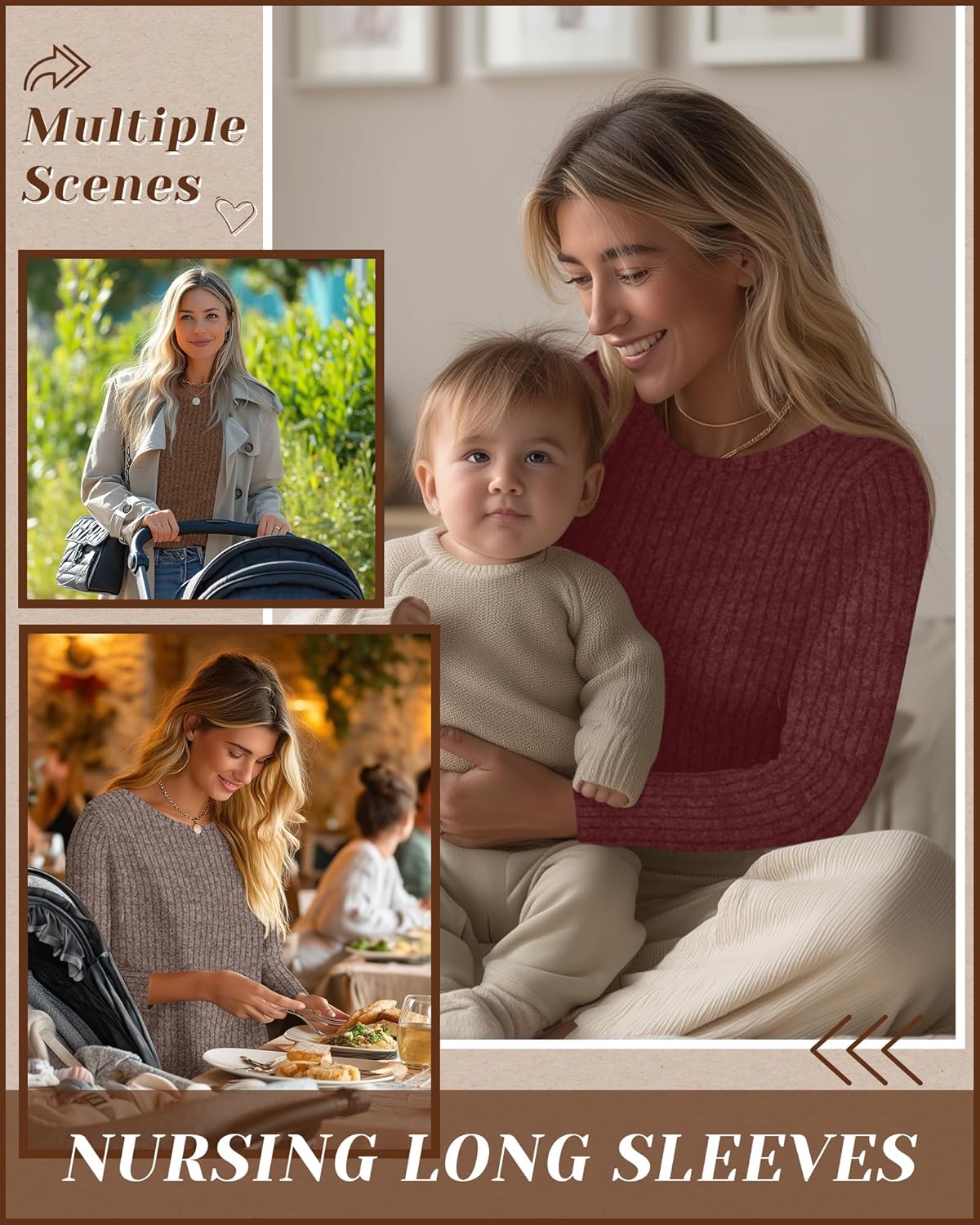 3 Pack Women's Nursing Long Sleeve Tops Breastfeeding Thermal Sweaters with Hidden Zipper Maternity Ribbed Shirts