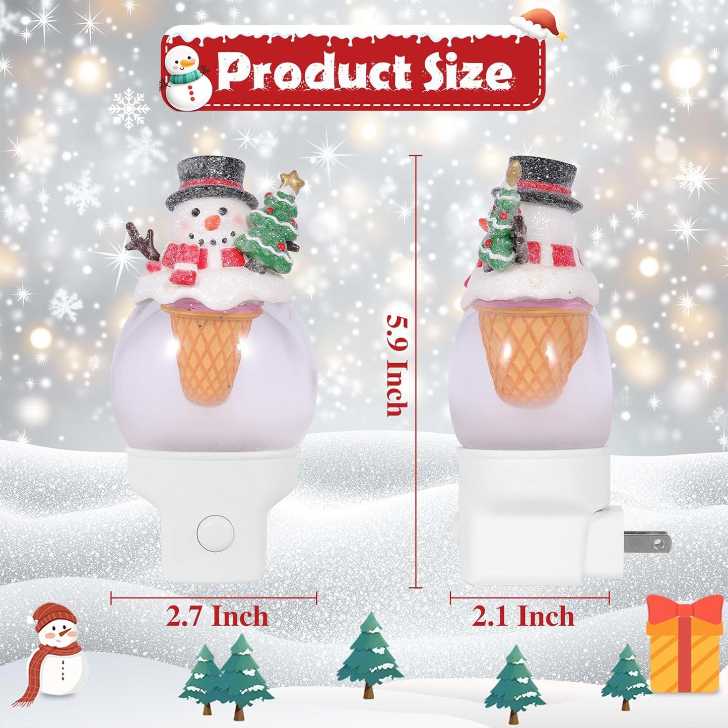 2 Pack Christmas Night Light Plug into Wall Glitter Water Nightlight with USB/Outlet Options, Christmas Snowman Ice Cream Decorative Nightlight for Holiday Decorations Gifts (Snowman Ice Cream)