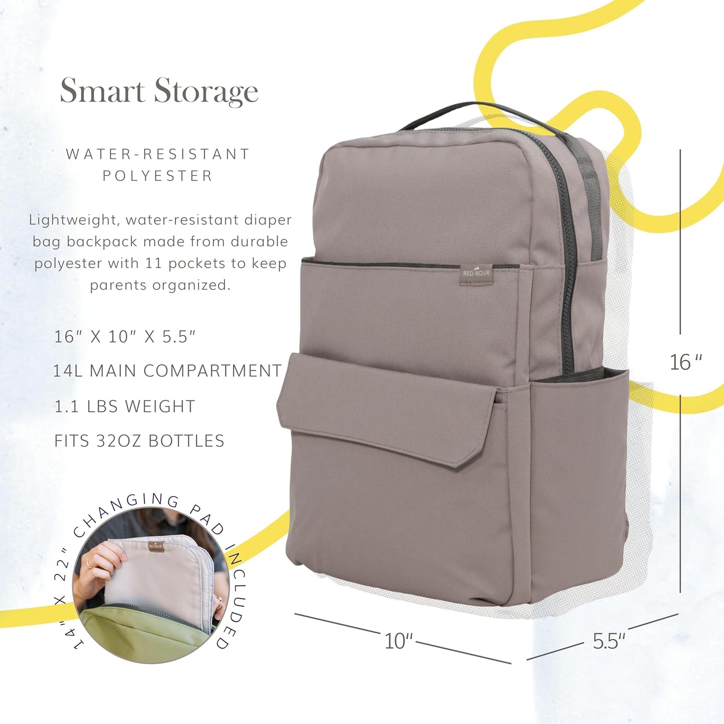 RED ROVR Roo Lightweight 1 LB Diaper Bag Backpack | 11 organizational pockets| Durable & Water-Resistant (Truffle)