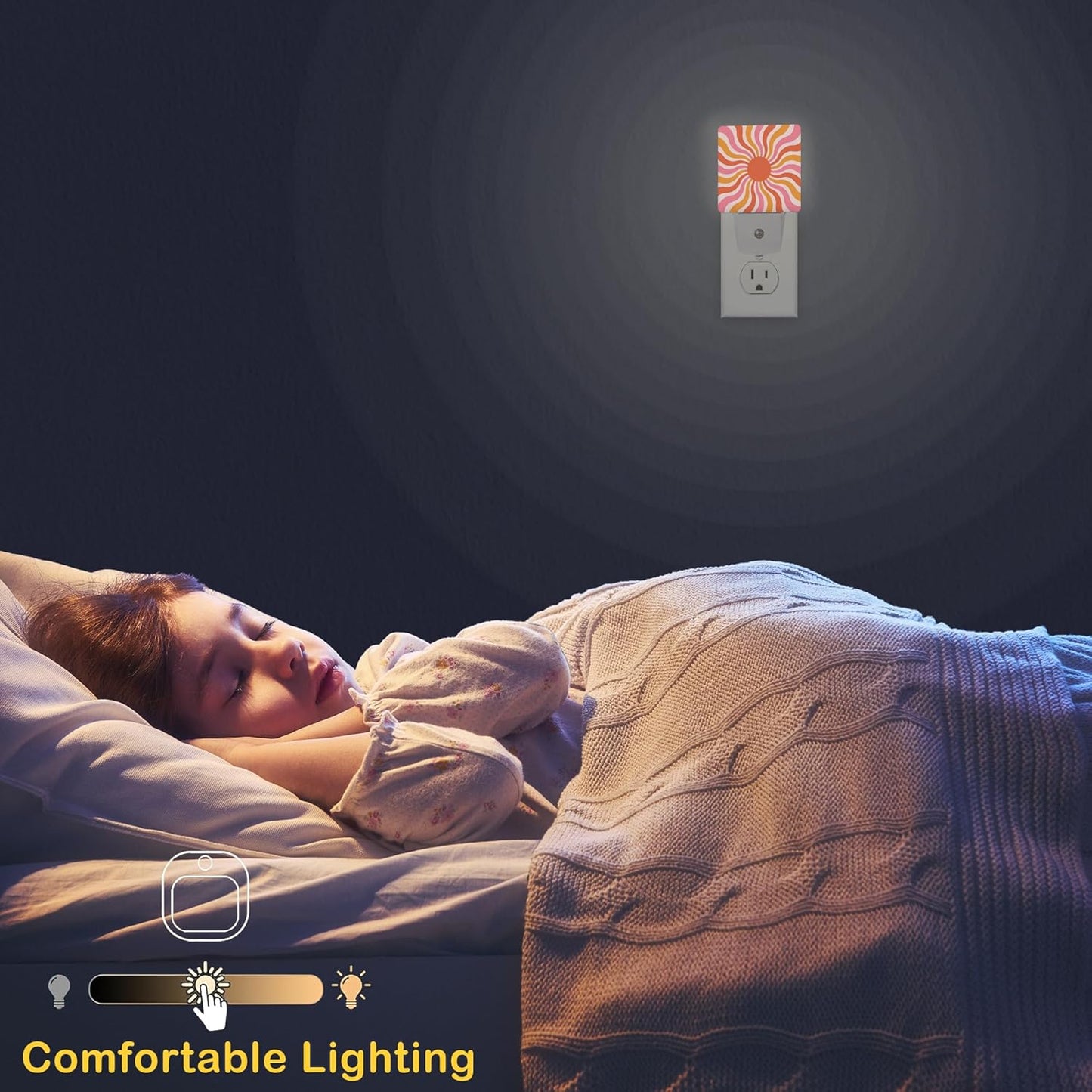 Boho Sun Night Light with Dusk to Dawn Light Sensors, Plug-in Wall Led Night Lights, Energy Efficient Lamp for Bedroom/Bathroom/Kitchen/Hallway/Stairs