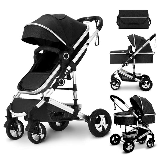 Kinder King 2 in 1 Convertible Baby Stroller, Folding High Landscape Infant Carriage, Newborn Reversible Pram, Adjustable Canopy, Diaper Bag, Anti-Shock Toddler Pushchair Stroller, Black