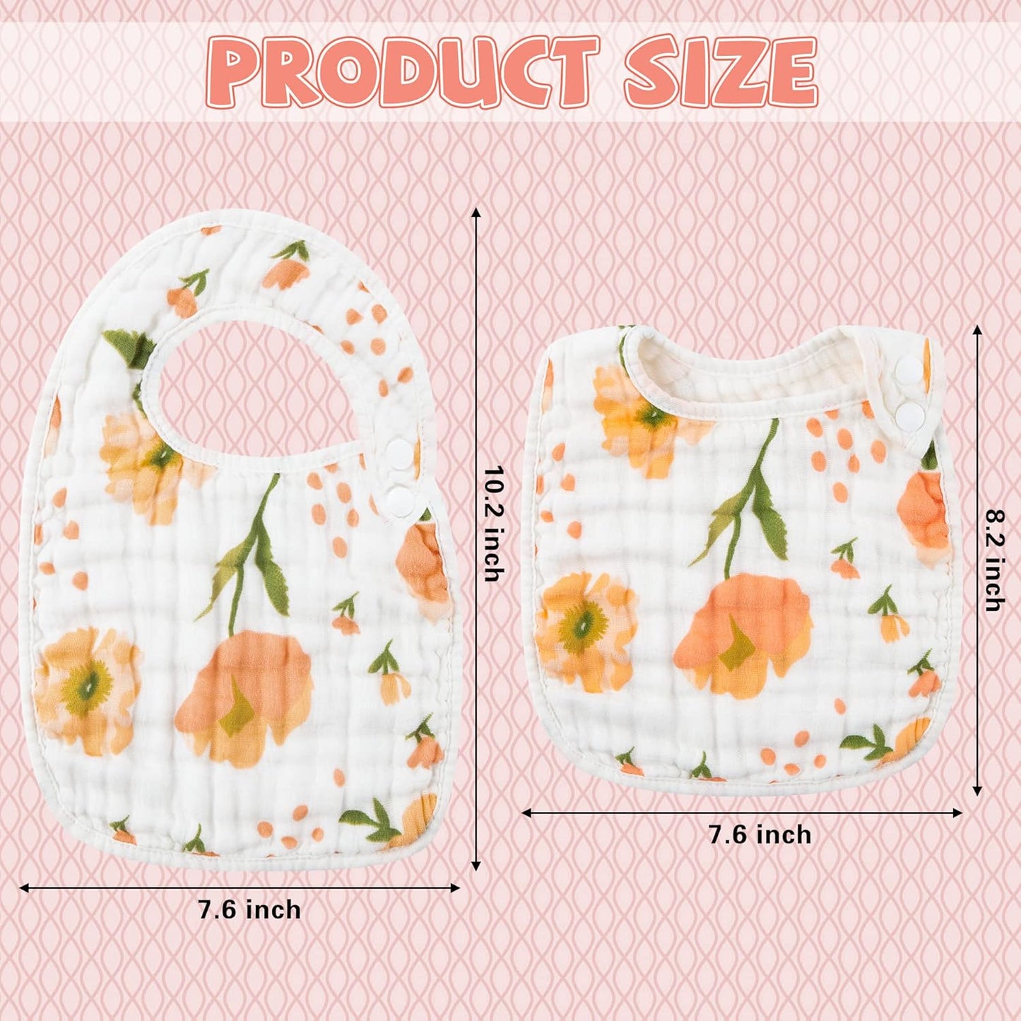 Zainpe 6Pcs Snap Muslin Cotton Bibs for Baby, Flamingo Star Flower Machine Washable Adjustable Burp Cloths with 6 Absorbent Soft Layers for Infant Newborn Toddler Drooling Feeding and Teething