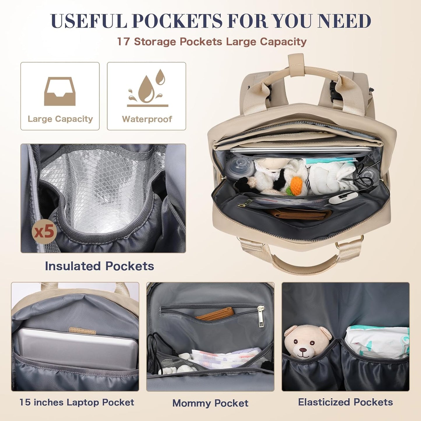 Diaper Bag Backpack, Baby Diaper Bag with 17 Pockets, Travel Baby Bag Backpack for Girl Boy, Large Diaper Bag with Changing Pad,USB Charging Port,Wet Dry Bag, Khaki