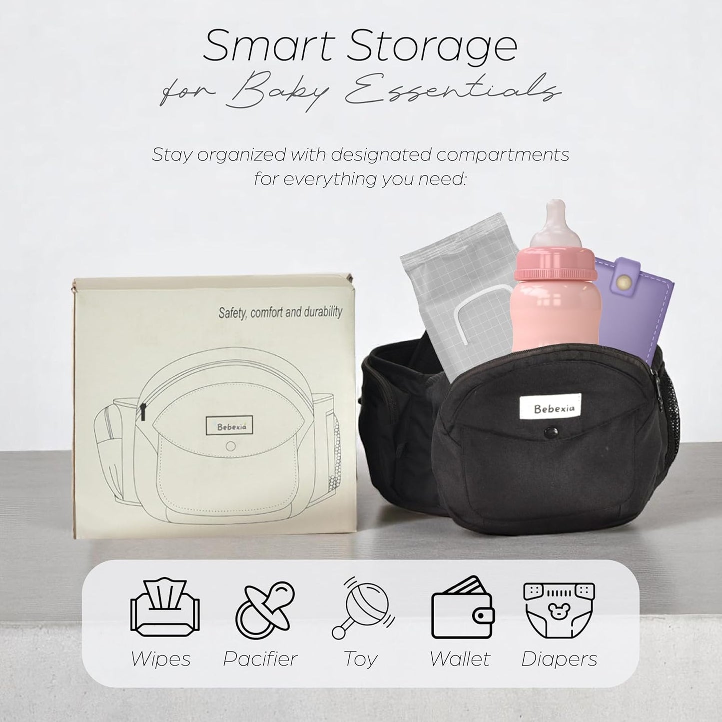 Baby Carrier with Hip Seat - with Lumbar & Back Support – Adjustable Waistband with Strong Support - Health Certified, Machine Washable, Fits Medium–Large (Black)