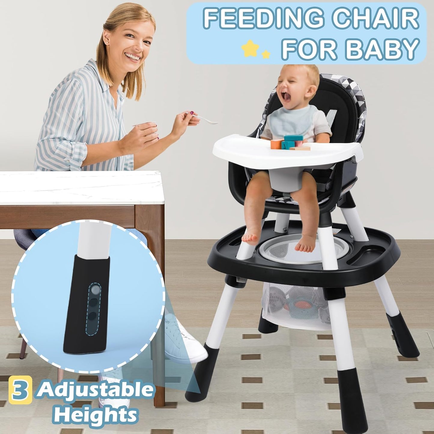 Xilingol 15-in-1 Convertible High Chair, 2-in-1 Baby Highchair & Activity Center W/Toys, Booster Seat | Building Block Table | Toddler Chair W/Removable Tray & 5-Point Harness & 2-Layer Cushion(Black)
