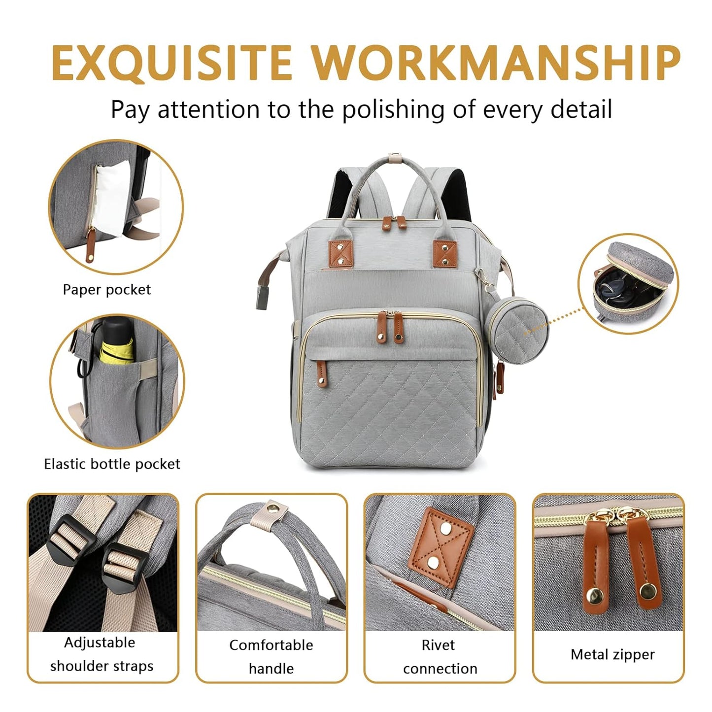 Baby Diaper Bag Backpack with Changing Station Travel Waterproof 3 in 1 Foldable Pad Unisex Grey