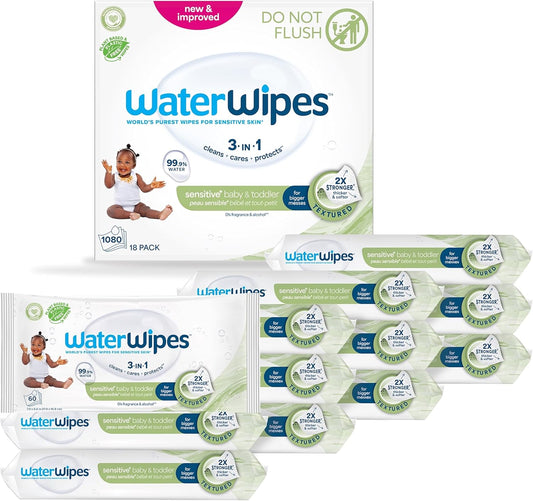WaterWipes Sensitive+ Baby & Toddler Wipes, 3-In-1 Cleans, Cares, Protects, 99.9% Water, Textured Clean, Unscented & Hypoallergenic, 1080 Count (18 Packs)