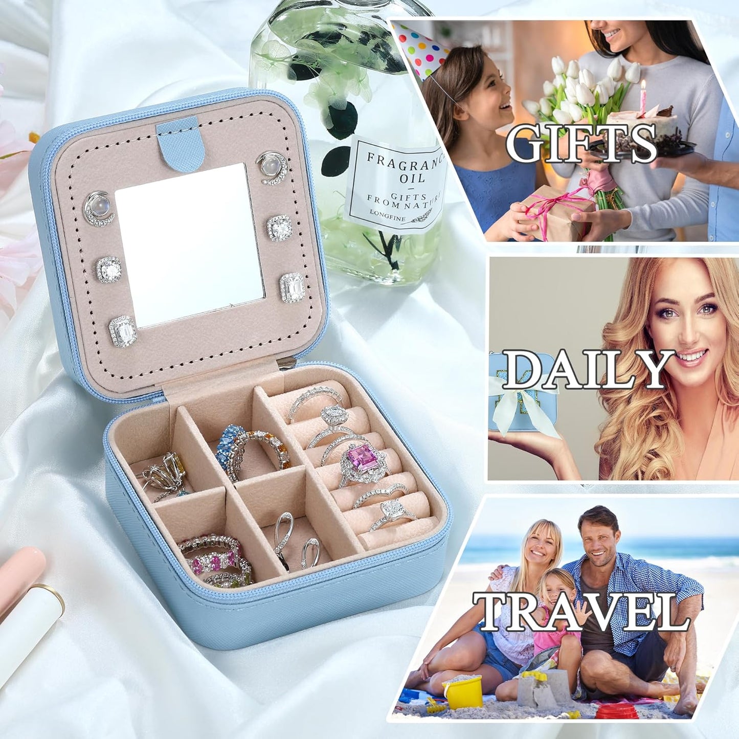 Parima Travel Essentials for Women Jewelry Box, Travel Accessories for Teen Girls Trendy Stuff | Necklace Organizer Earrings Organizer Ring Organizer - Letter A, Sky Blue