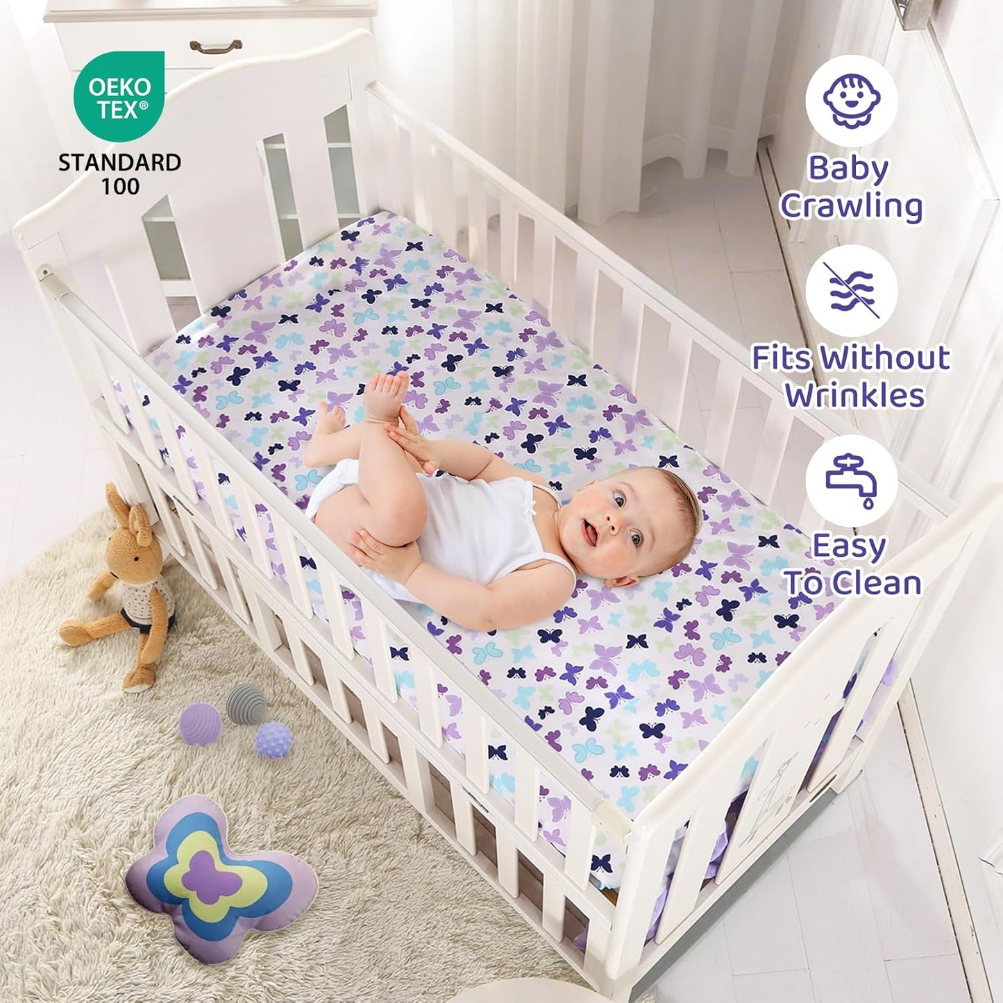 Wowelife Butterfly Mini Crib Bedding Set, 3 Piece Baby Bedding Set Butterfly, Mini Crib Nursery Bed Set, Breathable and Soft with Sheet Sets for Baby Girl, Purple