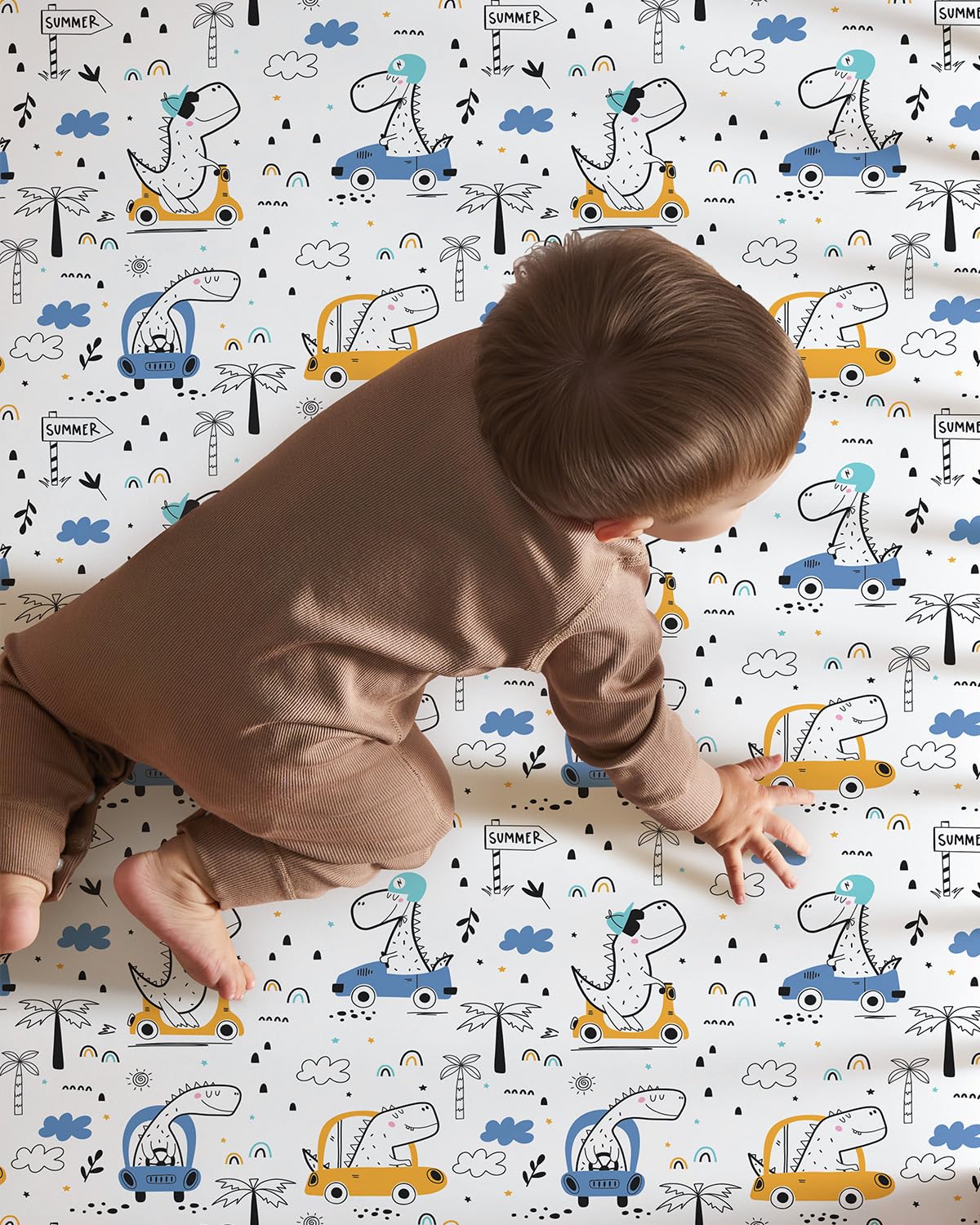 Pack and Play Sheets Fitted 3 Pack, Mini Crib Sheets for Pack N Play Mattress Stretchy Portable Playard Sheets, Soft Breathable Grey & Blue Car