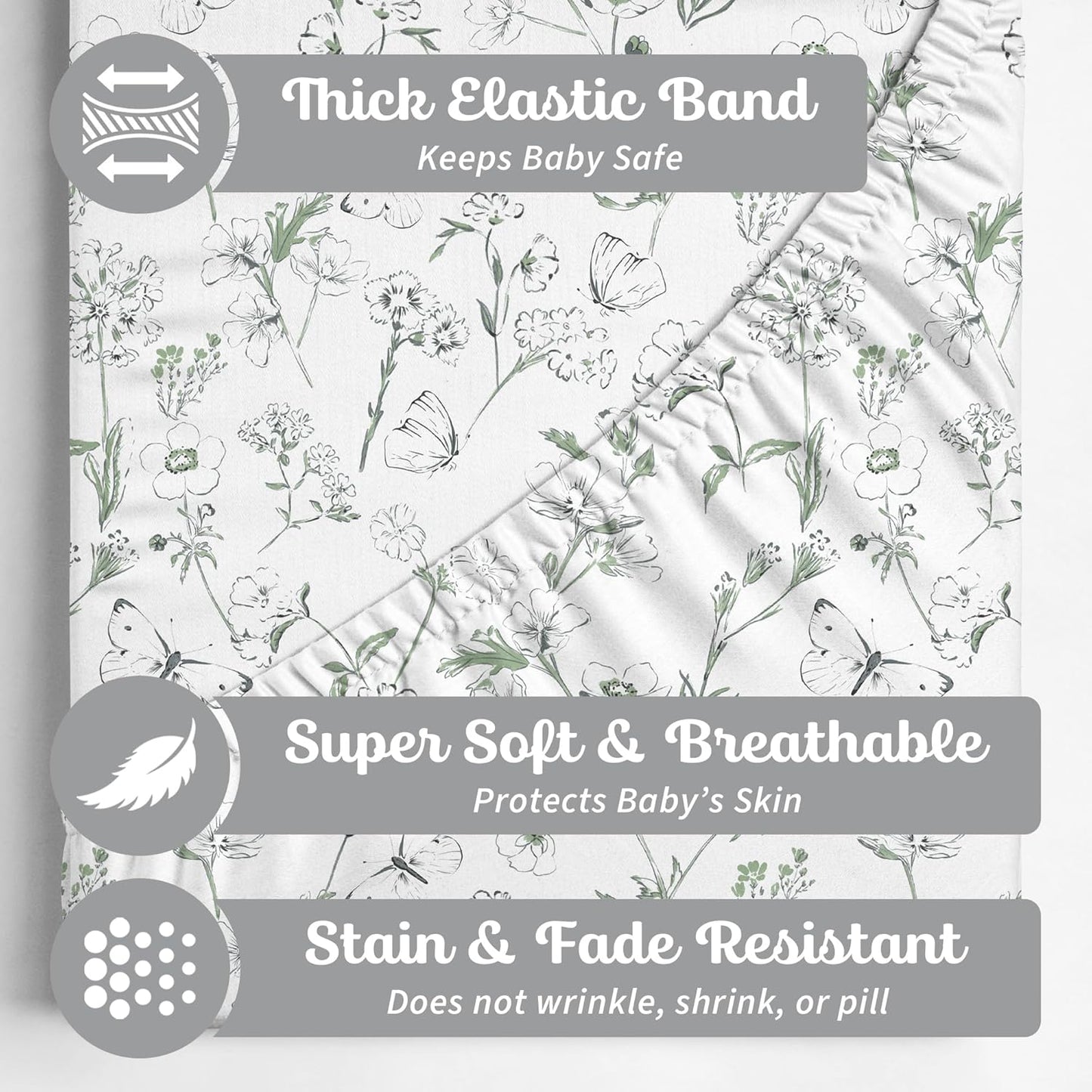 Crib Sheets Neutral - Fitted Baby Crib Sheets Bed for Girl Boy - 2 Pack Standard & Toddler Mattress (Butterfly Garden) - Buttery Soft Organic Cotton Blend