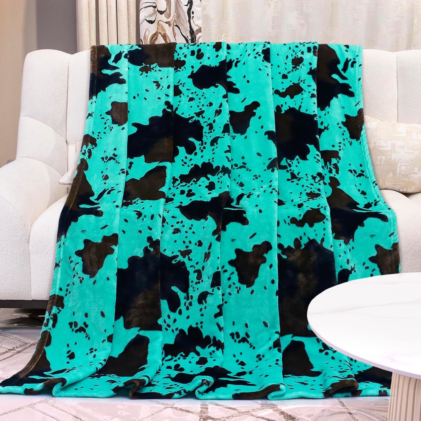 Teal Fleece Blanket Twin Size - Plush Soft Warm Turquoise Cow Print Throw for Bed, Couch, Sofa, Room Decor & Gifts