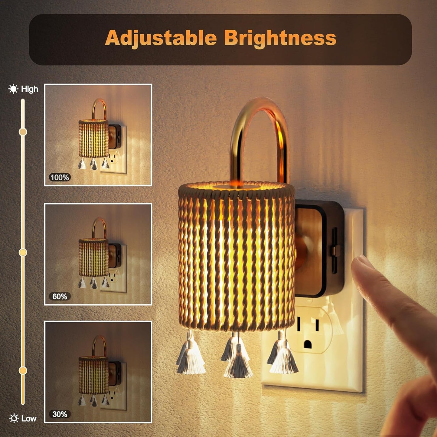 JandCase Night Lights Plug into Wall, Boho Night Light Dusk to Dawn Light Sensor, Warm White 3000K LED Nightlight, Adjustable Brightness for Bathroom Bedroom Hallway Kitchen