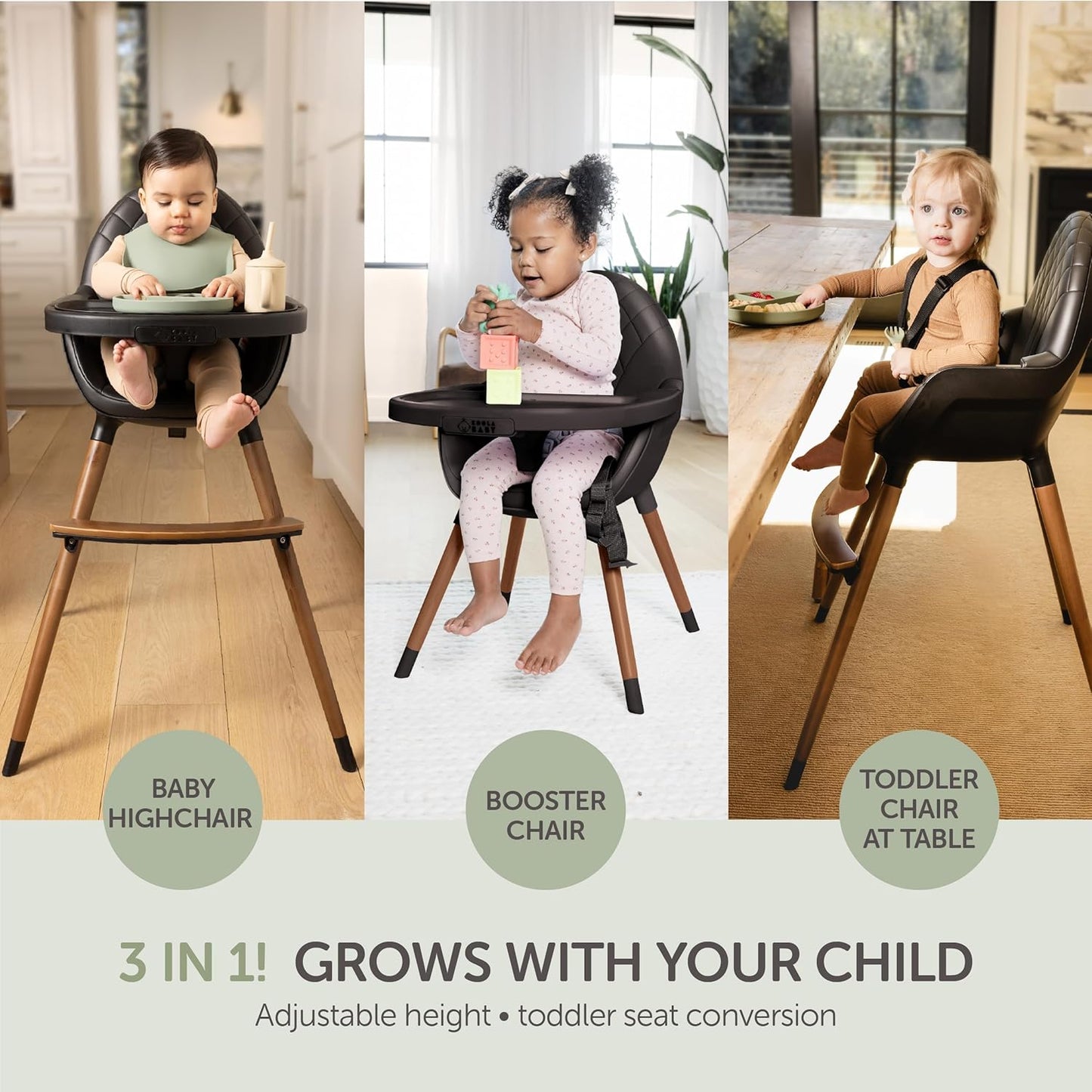 Convertible High Chair for Babies, Toddlers, Kids & Children - Wooden Highchair with Adjustable Height & Dishwasher Safe Tray - Wood Feeding & Dining Chair - Converts to Booster Seat (Black)