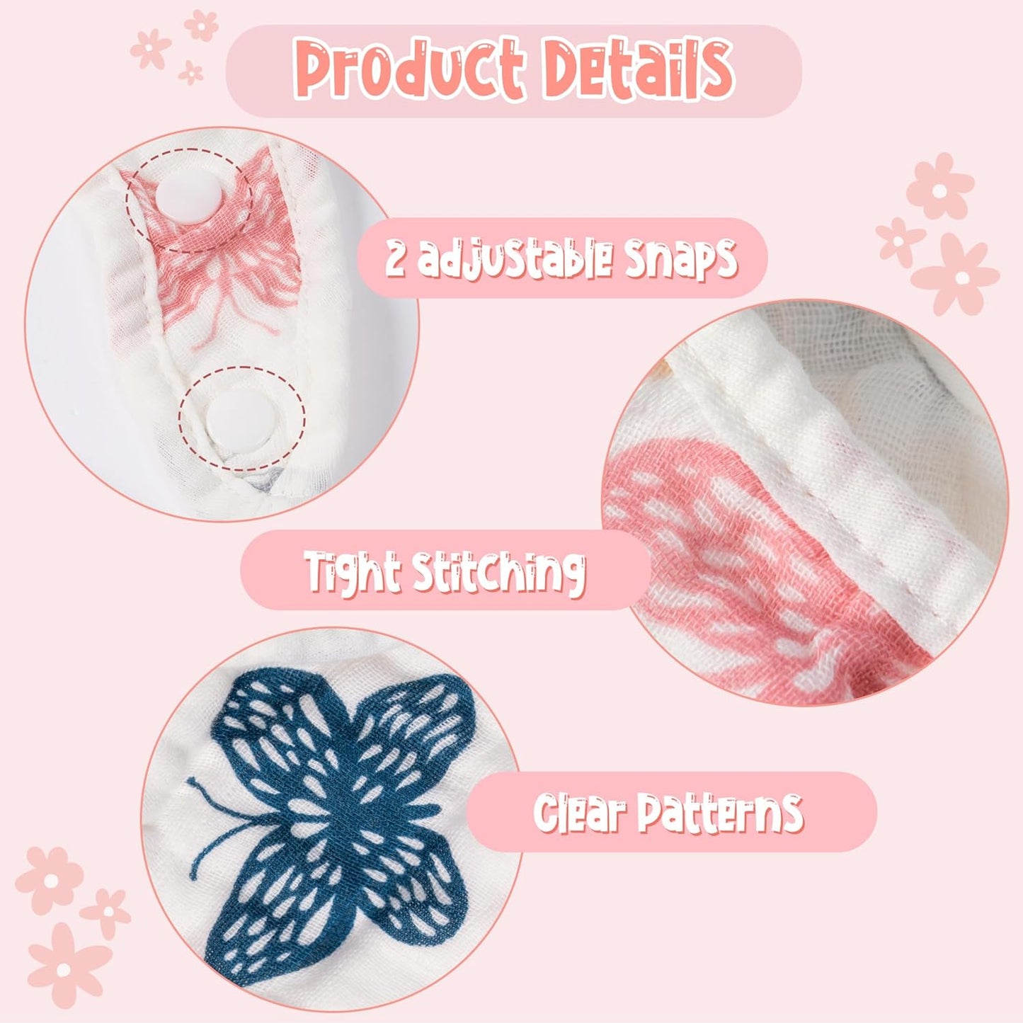 Zainpe 6Pcs Snap Muslin Cotton Baby Bibs Spring Butterflies Flowers Bib with 6 Absorbent Soft Layers Adjustable Burp Cloths for Infant Girl Boy Toddler Drooling Eating Teething Feeding 0 to 24 Months