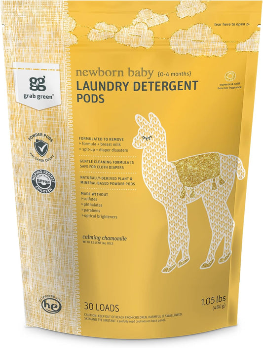 Grab Green Newborn Baby Laundry Detergent Pods, 30 Loads, Chamomile, Mineral Based, Non-Toxic, Stain Remover