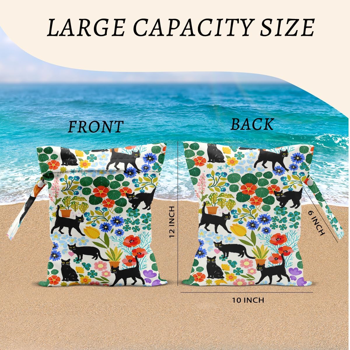 Cat Wet Bags 12x10 Inch, Colorful Floral Waterproof Wet Dry Bags, Flowers Washable Travel Laundry Bag for Swimsuit Pool Beach Diapers Dirty Yoga Gym Clothes, Cat Gifts for Women Friend Travelers
