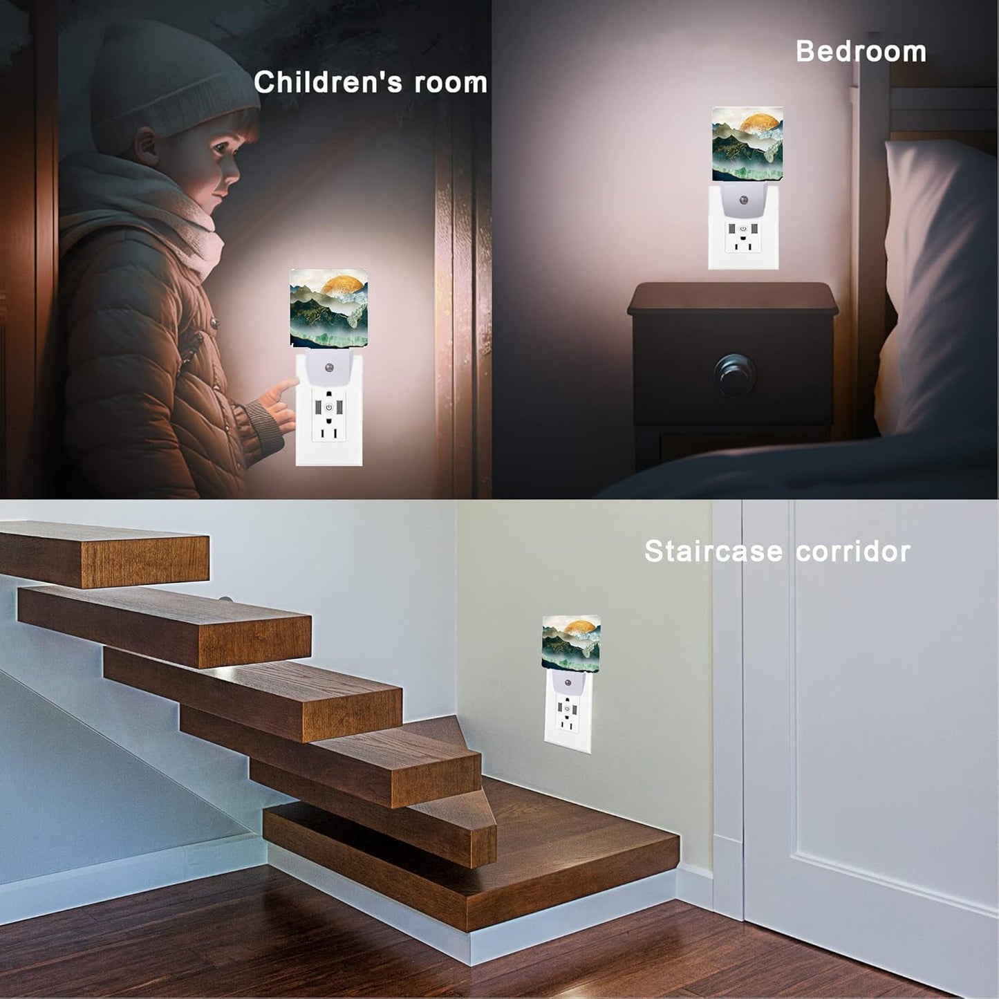 Mountain Night Light,Green Mountains Golden Sunset Plug in Night Lights Auto LED Lamp Energy Saving Square Lights for Boys Girls Men Women