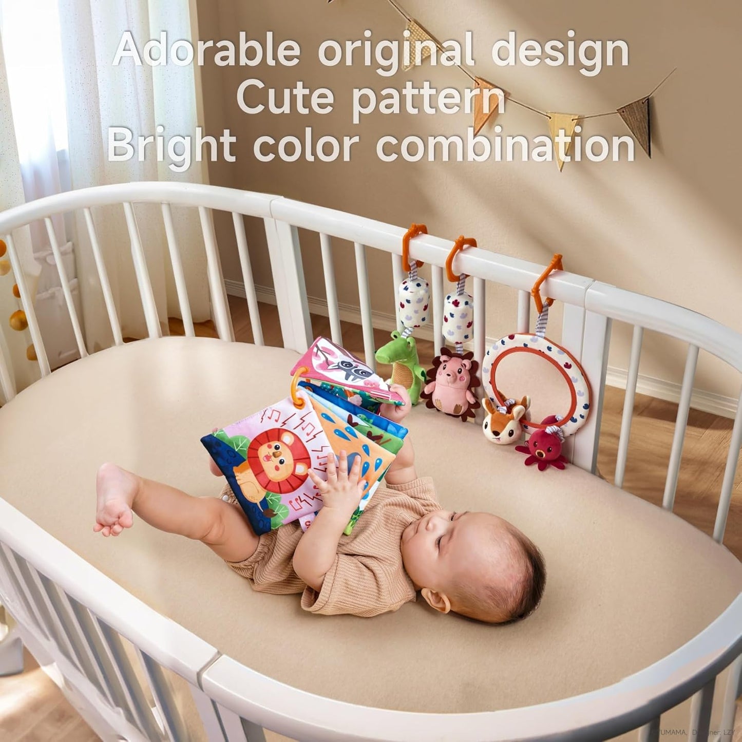 TUMAMA Car Seat Toys 3 6 9 12 Months, Plush Animal Rattle Mirror Soft Crinkle Book Baby Enlightenment Toy Set, Newborn Crib Stroller Play Gym Hanging Toys