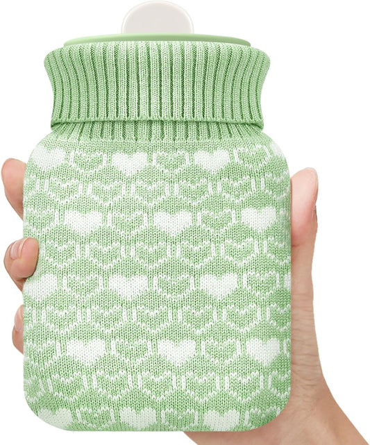 Amylove Mini Hot Water Bottle 320ml for Hot & Cold Compress with Cover Silicone Microwave Heating Small Water Bag for Travel Pain Relief Holiday Gifts(Green)