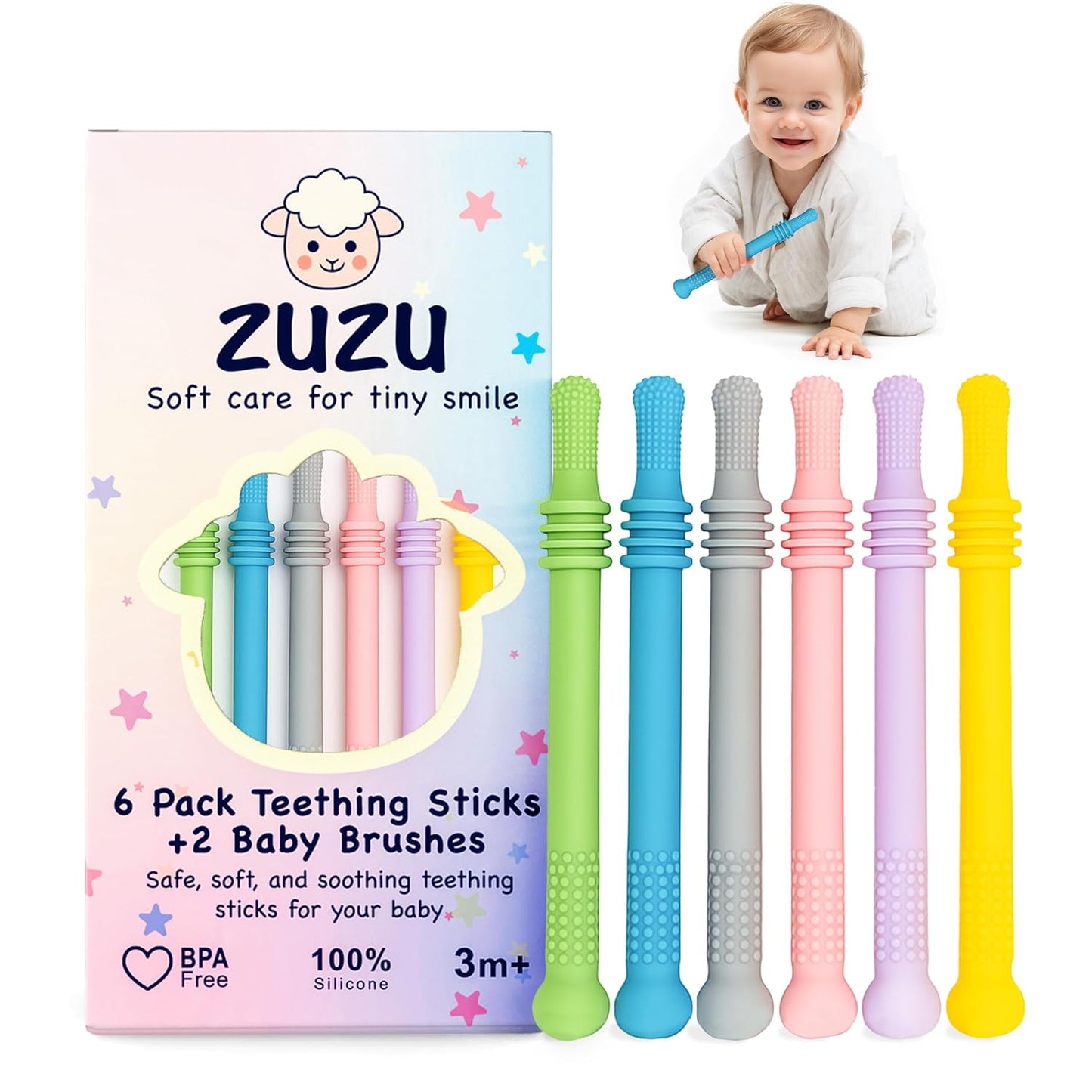 6 Pack Baby Sensory Montessori Toys for 0 3 6 12 18 24 Months Teether for Babies, Baby Teether Teething Stick Toys, Newborn Developmental Toys, Babies Essential Gift– BPA‑Free, Food‑Grade Silicone