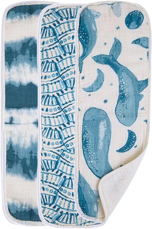 Crane Baby Muslin Burp Cloths, Nautical Theme Whale Design, Baby Boy Essentials, Cotton, Set of 3, 7" x 20" Blue Burp Cloth Set