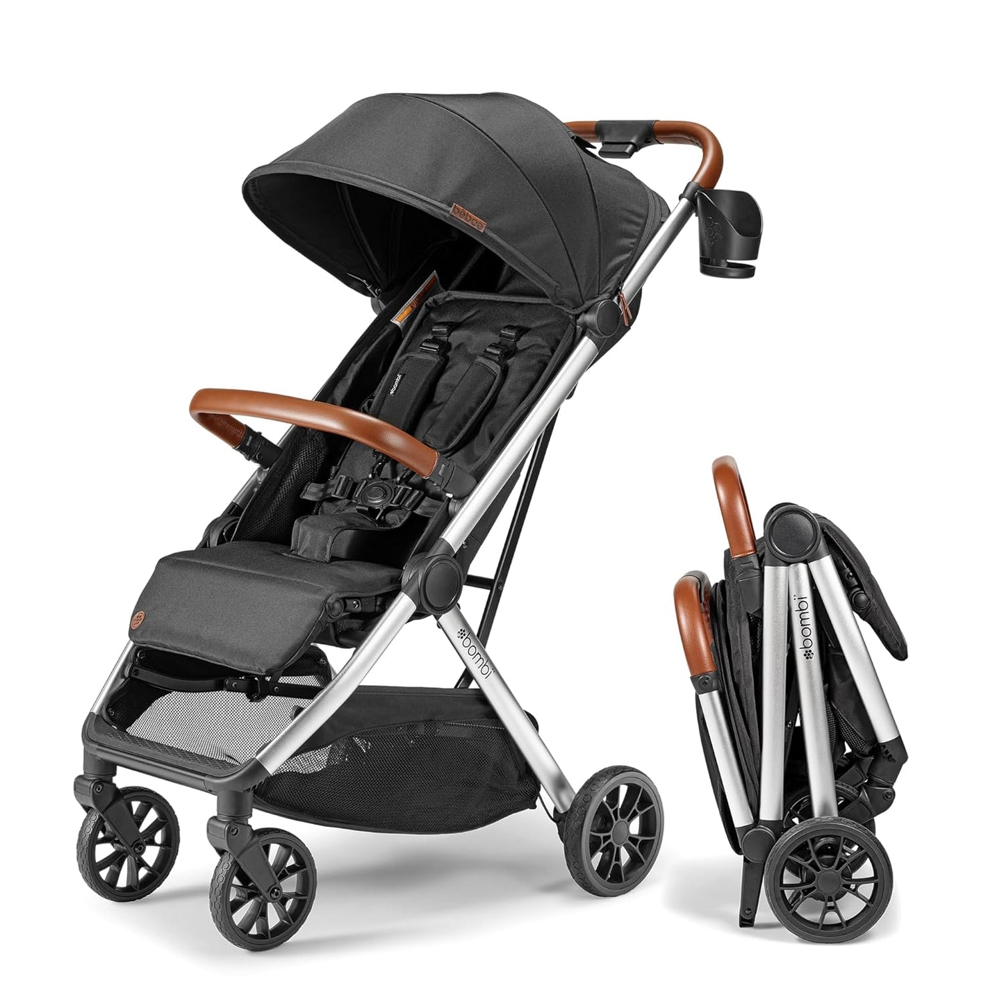 Bombi Bēbee V2 Lightweight Baby Stroller - Premium Vegan Leather, One-Hand Fold, Infinite Recline, Aircraft-Grade Aluminum Frame, XXL Canopy, and Ample Storage Umbrella Stroller - Midnight Black