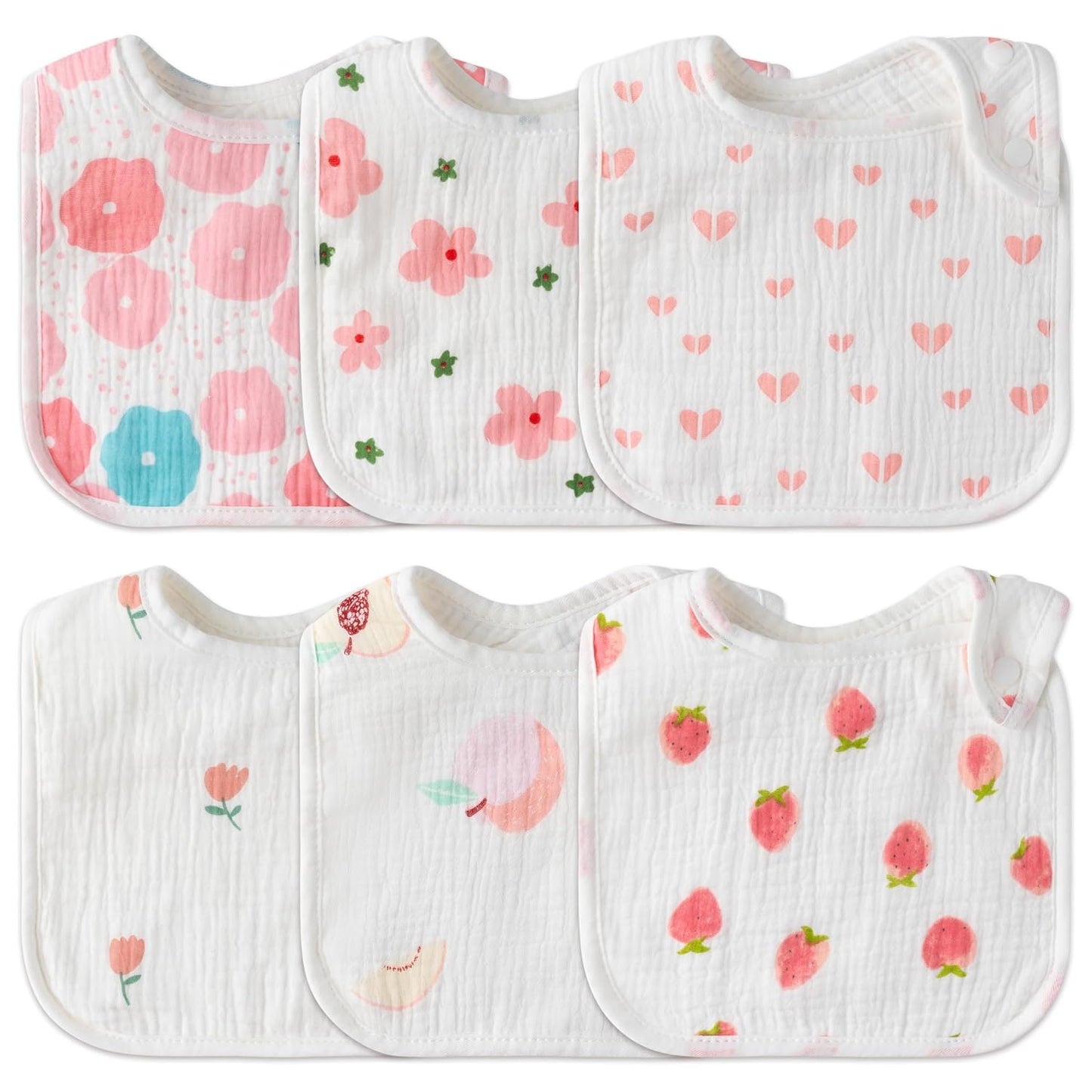 Zainpe 6Pcs Snap Muslin Cotton Baby Bibs Flowers Strawberry Patterns Infants Drooling Bib Soft Absorbent Adjustable Feeding Burp Cloths for Newborns Boy Girl Toddlers Teething Eating 0 to 36 Months
