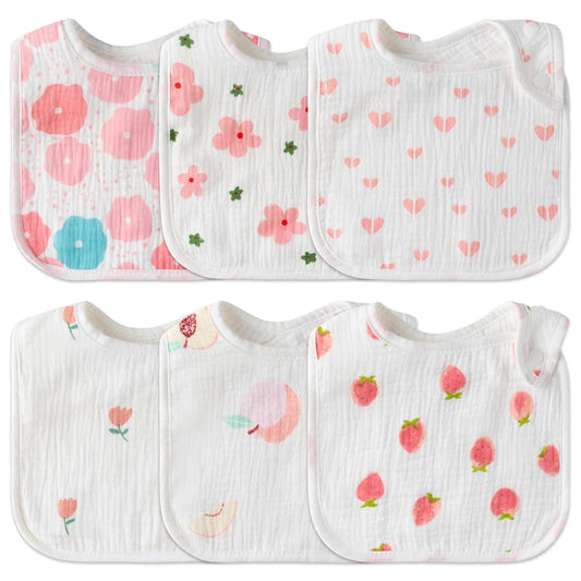 Zainpe 6Pcs Snap Muslin Cotton Baby Bibs Flowers Strawberry Patterns Infants Drooling Bib Soft Absorbent Adjustable Feeding Burp Cloths for Newborns Boy Girl Toddlers Teething Eating 0 to 36 Months