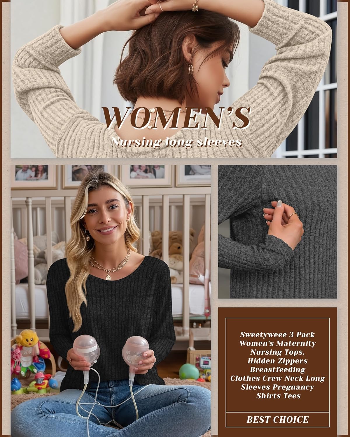 3 Pack Women's Nursing Long Sleeve Tops Breastfeeding Thermal Sweaters with Hidden Zipper Maternity Ribbed Shirts