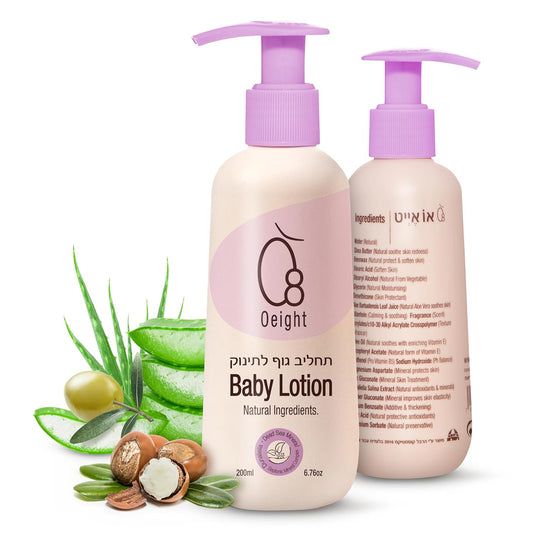 Oeight Baby Lotion is a natural body lotion for newborns and infants, ideal for sensitive skin. This gentle moisturizer soothes, softens, and nourishes, making it perfect for kidswith dry