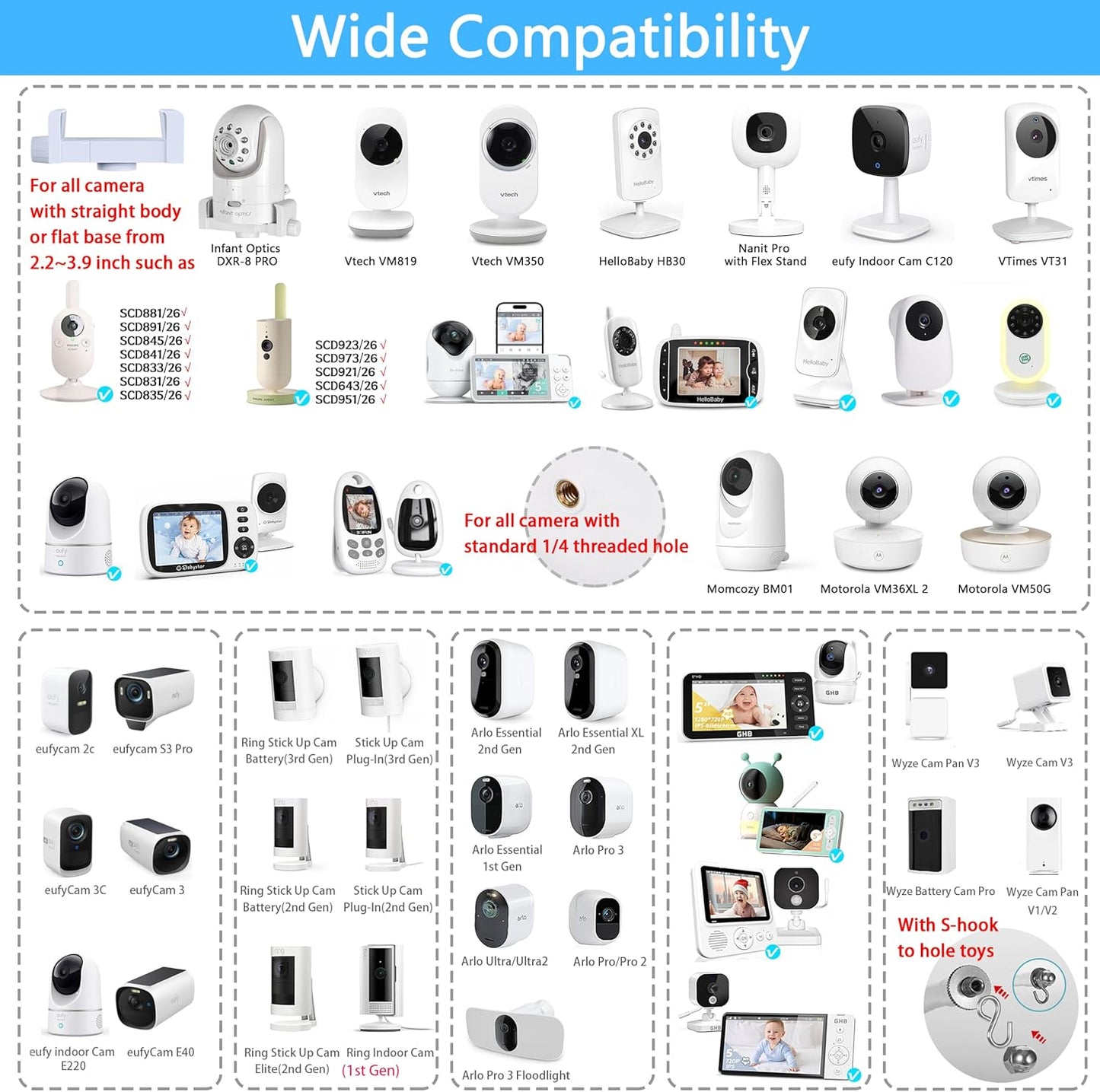 Gooseneck Baby Monitor Mount, 26 Inch Universal Camera Clip for Infant Optics DXR-8/8 Pro, Hellobaby/Momcozy/ANMEATE/Vtech/Motorola and Most Cameras with 1/4'' Screw or Flat Base