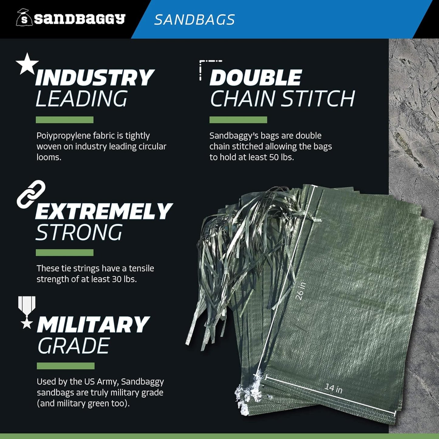 Sandbaggy - Heavy Duty Empty Sandbags For Flooding (14" X 26") - Poly Sand Bags For Flood Barrier, Weight, Construction, Earth Bag Homes - Reusable, UV Resistant - Tie Strings Attached (10 Bags)
