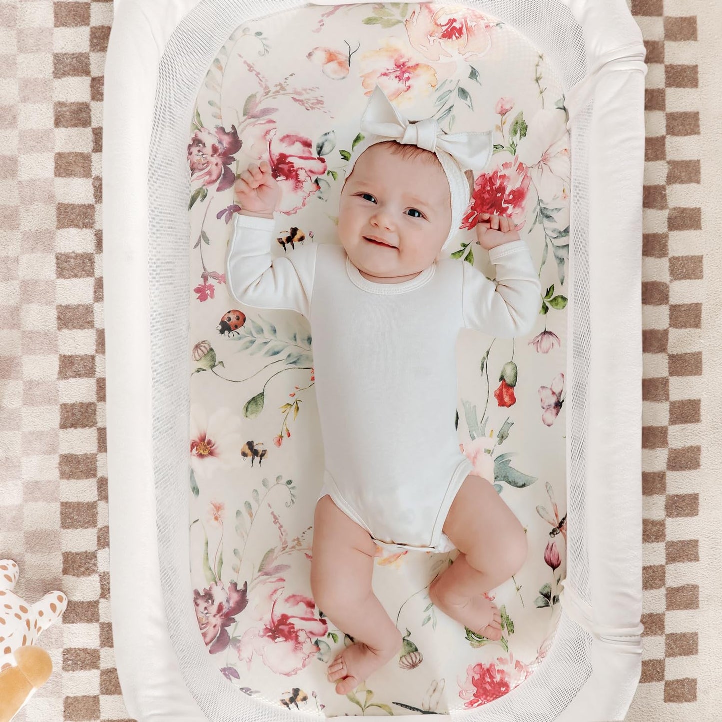 Stretch Ultra Soft Fitted Bassinet Sheet Set 3 Pack, Universal Fit for Bassinets Baby Cradle Moses Basket Oval Rectangle Mattress Safe and Snug, Beautiful Flowers and Insects Pattern for Baby Girls