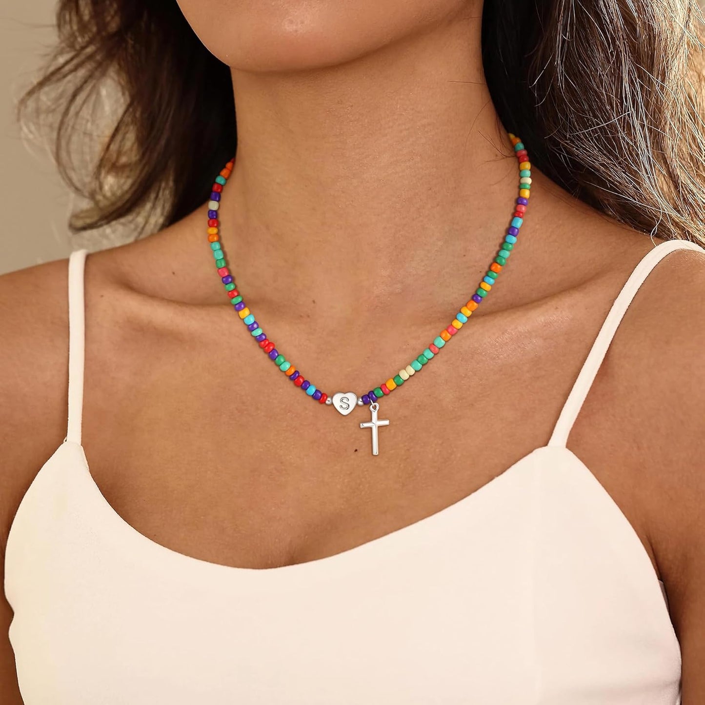 Colorful Initial Necklaces for Girls Women Kids - Teen Girls Gifts Trendy Cross Cross Beaded Initial Necklace Dainty Letter Gifts Choker Necklace for Girl Jewelry