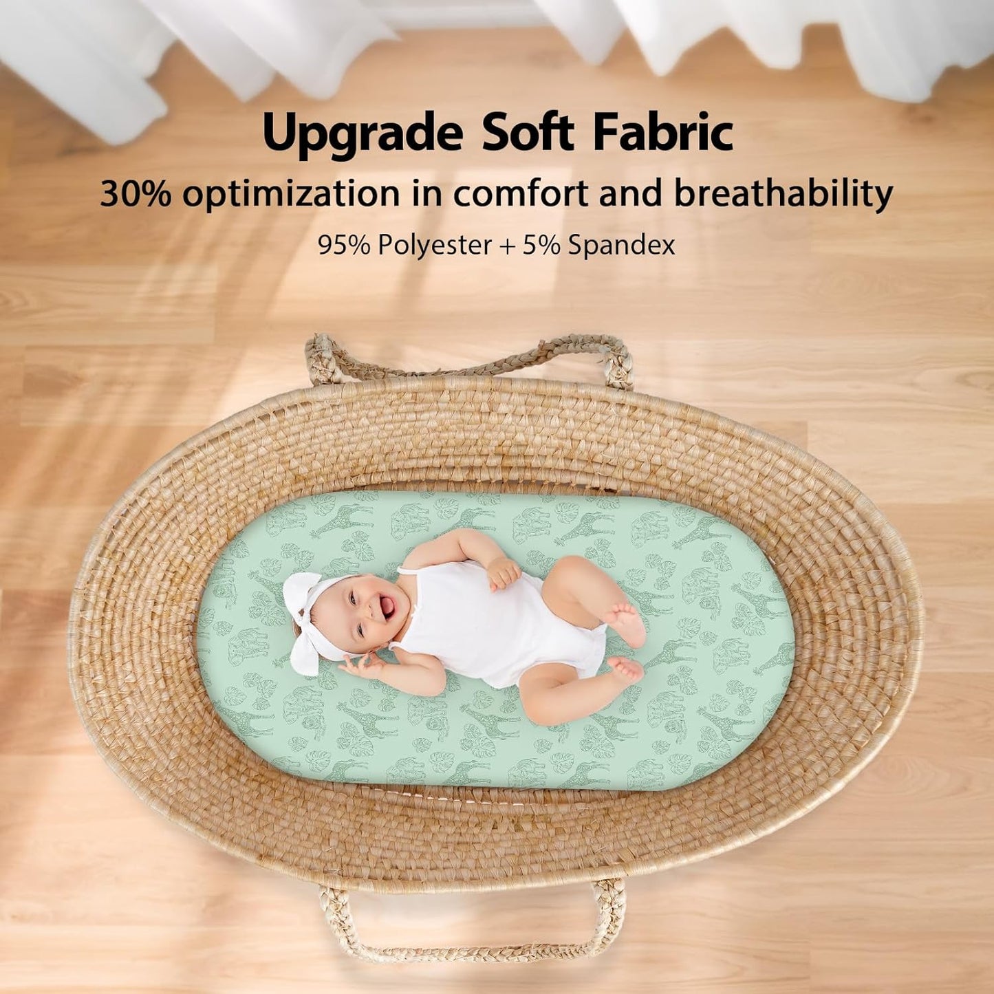 Baby Bassinet Sheets Girl Boy, Fitted Bassinet Sheet Set 3 Pack Bassinet Mattress Sheets Universal Fit for Rectangle, Round, Oval, Hourglass Mattress, Soft Breathable Green & Blue Dinosaur