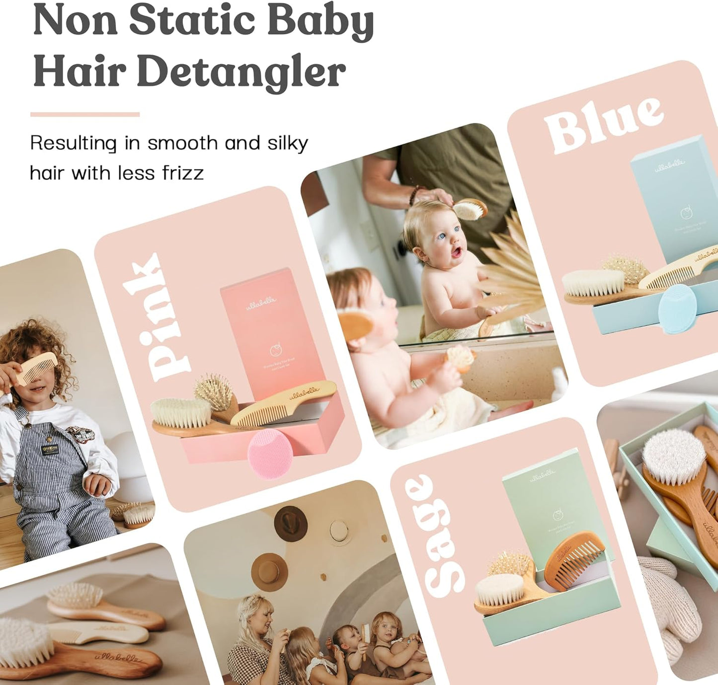 Ullabelle 4 Piece Wooden Baby Hair Brush and Comb Set for Newborns & Toddlers in Chic Gift Box - Ultra Soft Natural Goat Hair and Wood Baby Brush Set Prevents Cradle Cap - Perfect Registry Gift (Pink)