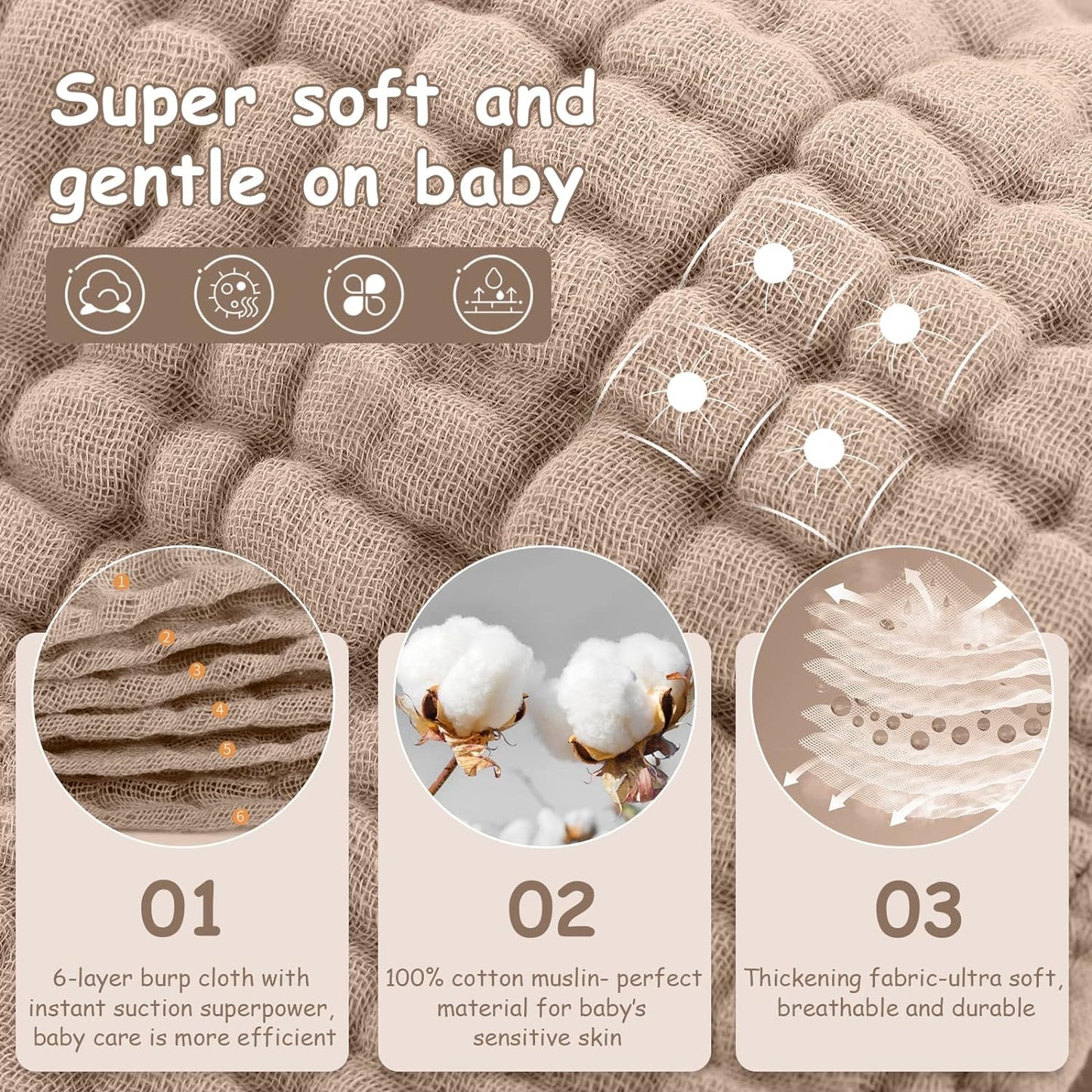Looxii Muslin Burp Cloths 100% Cotton Muslin Cloths Large 20''x10'' Extra Soft and Absorbent 6 Pack Baby Burping Cloth for Boys and Girls (Brown)