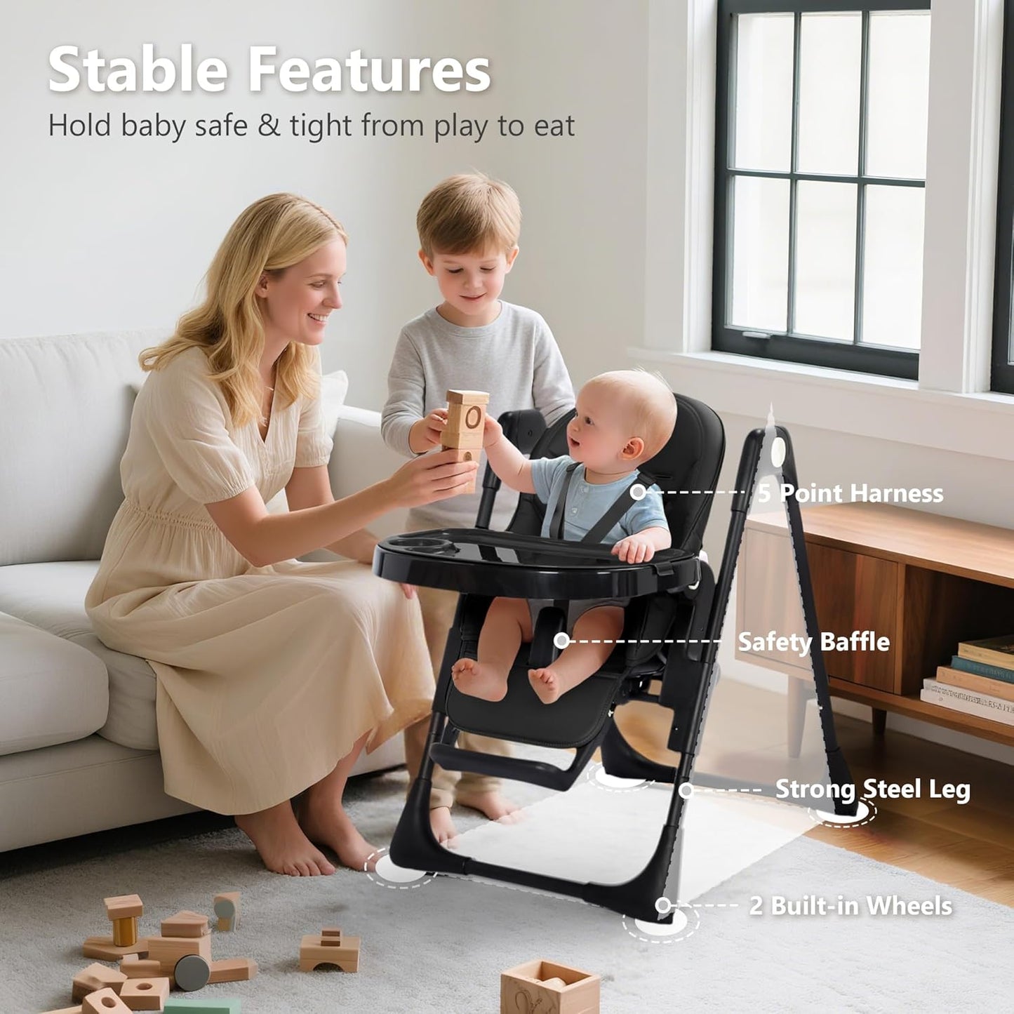 Kinder King Convertible High Chair for Babies & Toddlers, Adjustable Baby Feeding High Chair with Removable Double Tray, Simple Compact Fold for Space-Saving, 2 Built-in Wheels, Easy to Clean, Black