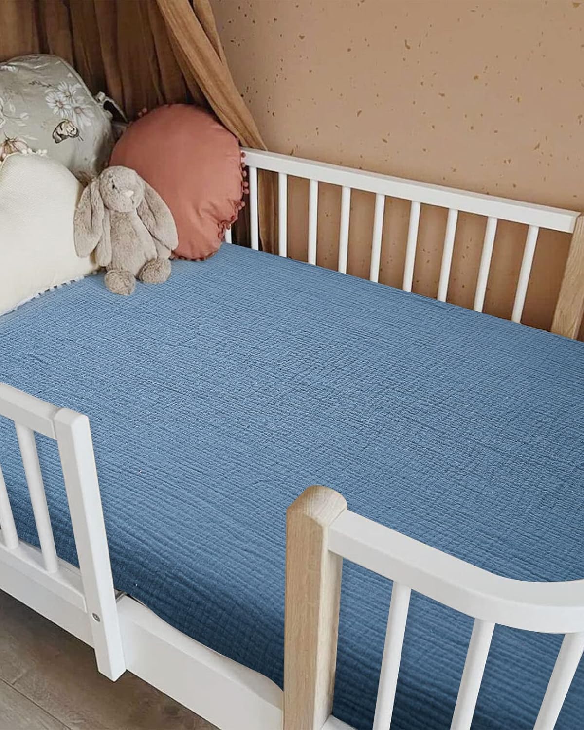 Crib Sheets for Boys Girl, Fitted Baby Toddler Bed Sheets 28" x 52", Neutral Muslin Cotton Crib Mattress Bedding Soft and Breathable Comfort (Blue)