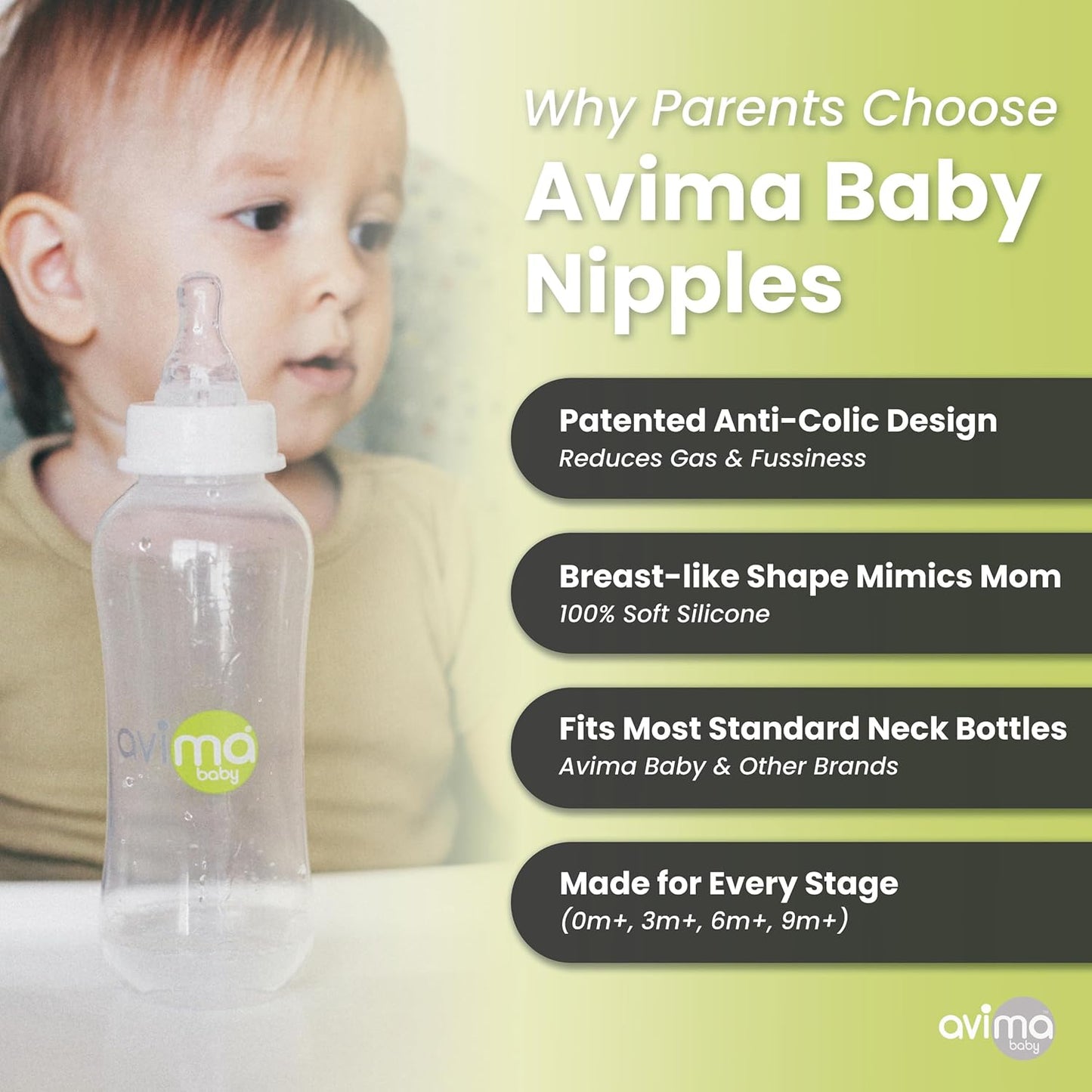 Avima Baby Anti Colic Nipples for Standard Neck Bottles, Silicone Breast Like Nipples - Newborn 0 to 3+ Months, Slow Flow, Level 1 (Pack of 6)
