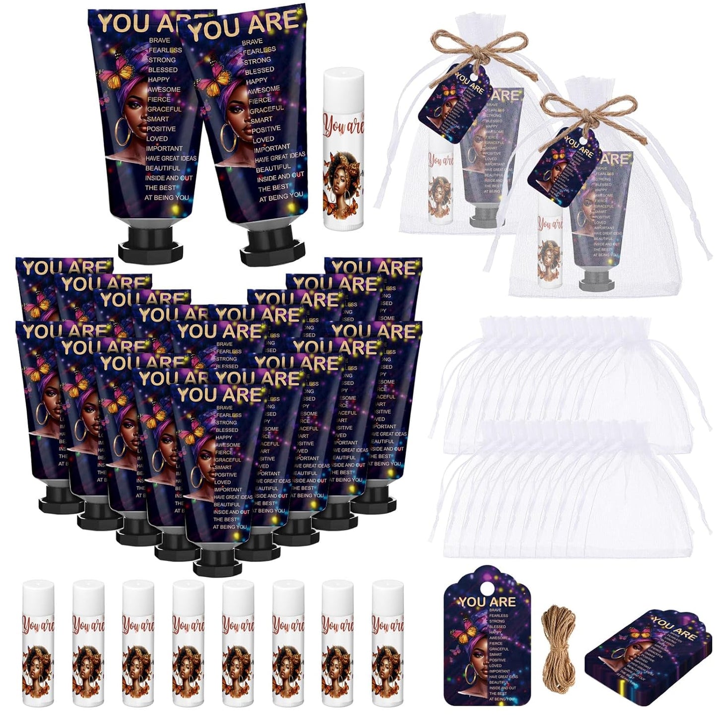 24 Sets Christian Hand Cream and Lip Balm Gift Set Christmas Christian Gift for Women Travel Size Hand Lotion Bible Verse Lip Balm Bulk for Baby Bridal Shower Mom Holiday (African American)