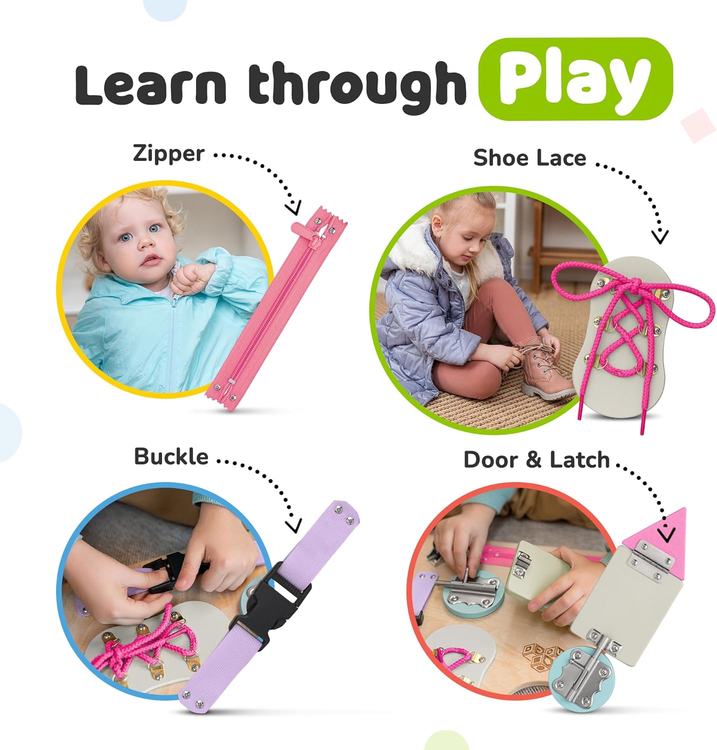 deMoca Sensory Busy Board for Toddlers, Premium Wooden Toddler Busy Board for 1 2 3 Year Old with 10 Educational Activities for Fine Motor Skills, Fidget Activity Toy for Travel Toy (Coral - Large)