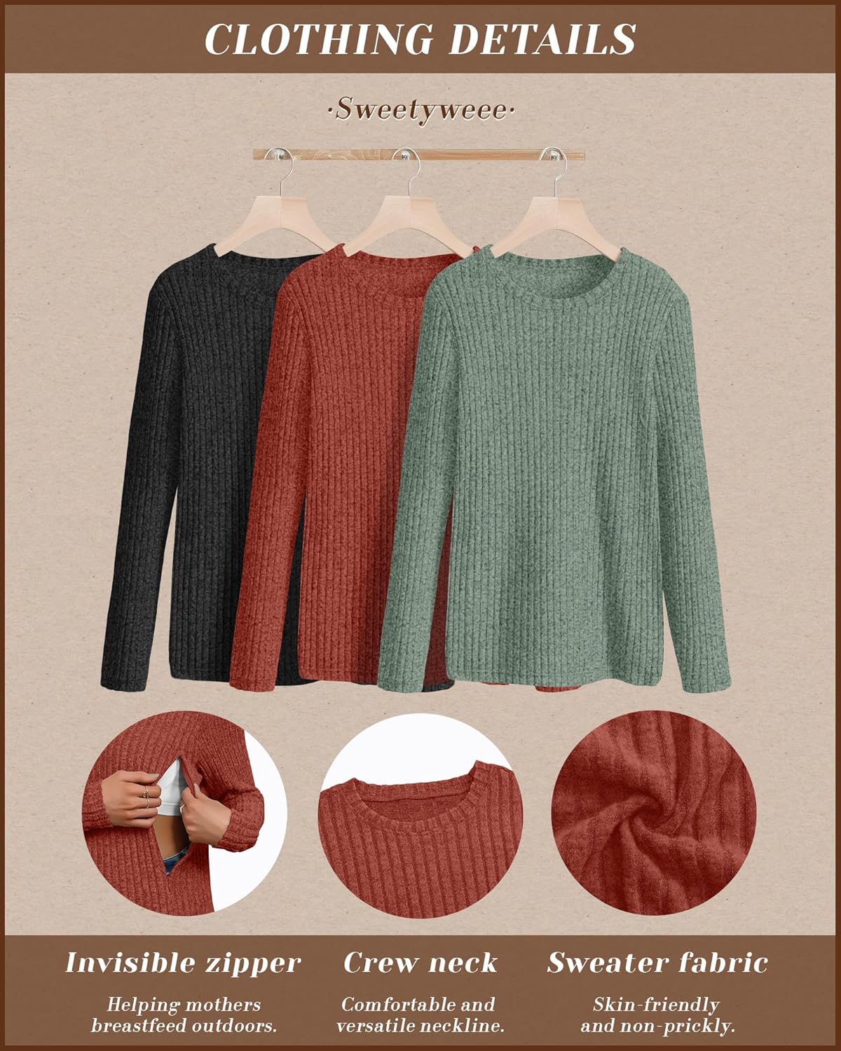 3 Pack Women's Nursing Long Sleeve Tops Breastfeeding Thermal Sweaters with Hidden Zipper Maternity Ribbed Shirts