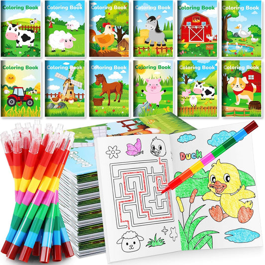 BenLouis 12 Farm Animals Mini Coloring Books Kids with 12 Stacking Crayons Cow Horse Barn Party Favors Small Activity Books Bulk for Kids Farm Birthday Party Gift Goodie Bag Stuffers