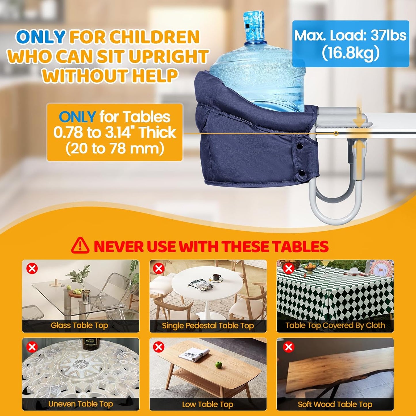 Orzbow Hook-On High Chair for Babies 6-36 Months - Portable, Fits Tables 0.78 to 3.14inchs Thick, Collapsible Clip-On Counter High Chair with Carry Bag for Travel, Home and Restaurant, Blue